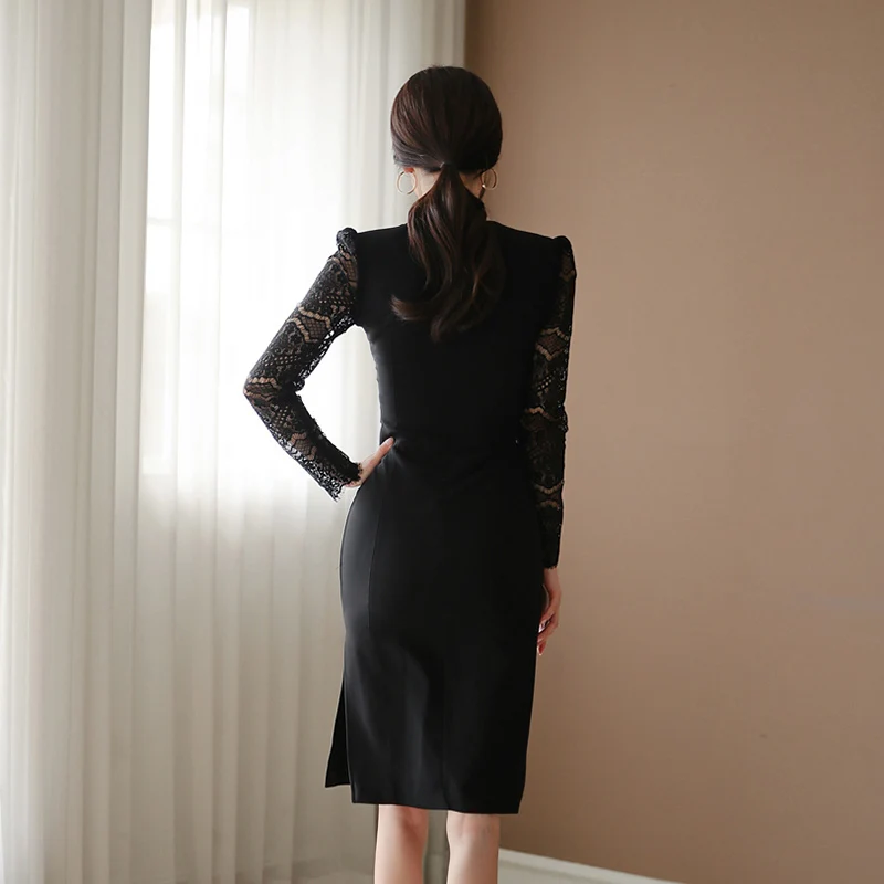 Зимнее черное платье с длинными рукавами, кружевное лоскутное облегающее платье-карандаш с поясом, однотонное сексуальное Клубное платье до колена