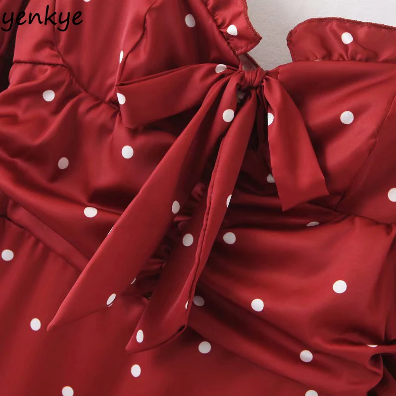 Для женщин бордового цвета, в горошек, Сексуальные вечерние платье романтическое с низким вырезом на спине с пышными рукавами трапециевидной формы мини рождественское платье LJPZ9149