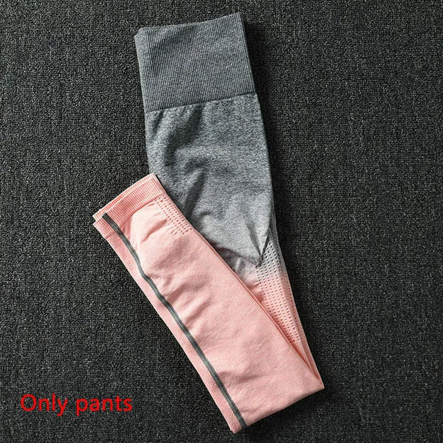 Peachpinkpants 3 шт. эффектом деграде(переход от темного к Бесшовные Йога Комплект Высокая Талия Леггинсы спортивный бюстгальтер с длинным рукавом кроп Топ Для женщин бега спортивная одежда Фитнес спортивный костюм - Цвет: Peachpinkpants