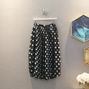 

[EWQ] 2020 Spring Summer New Arrivals High Waist Dot Print Pattern Women Loose Was Thin Casual Pleated Chiffon Skirt AY17700