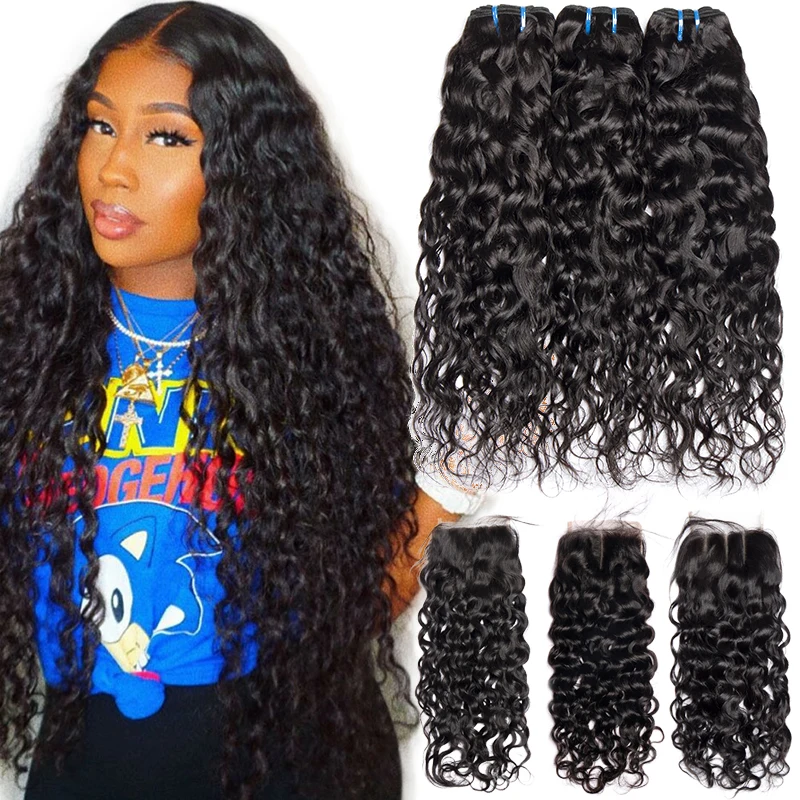 Alibele Water Wave Bundles With Closure Wet And Wavy Human hair with 3 Bundles for Brazilian Remy Hair Hair Extension for Women