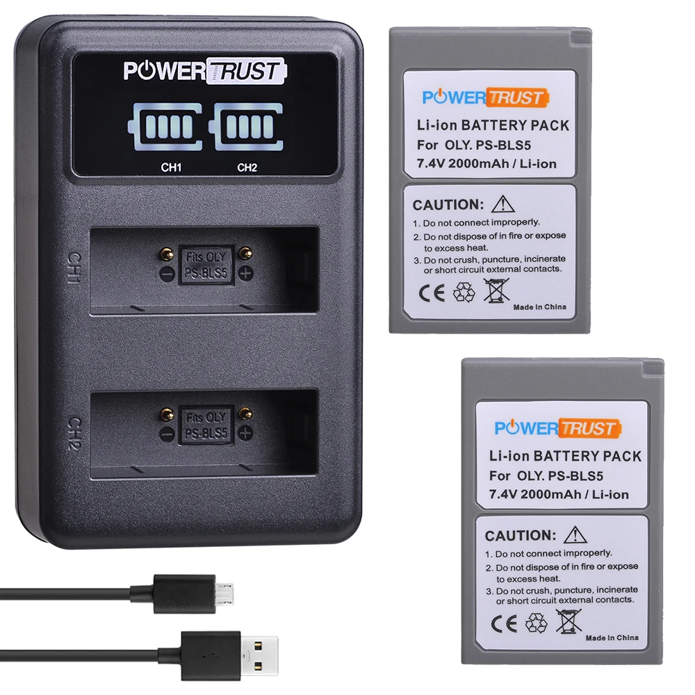 Powertrust 2Pc Ps-Bls5 Bls50 Batteria + Led Doppio Caricatore Per Olympus Pen E-Pl2,E-Pl5,E-Pl6,E-Pl7,E-Pm2,Om-D E-M10,E-M10 Ii,Stylus1