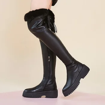 

thigh high boots female winter snow boots women keep warm over the knee boots flat stretch fashion black platform riding boots