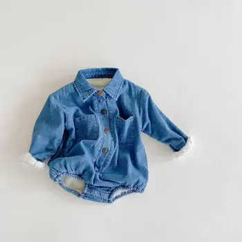 

2020 Baby Romper Fleece Lining Denim Long Sleeve Infant Jumpsuits