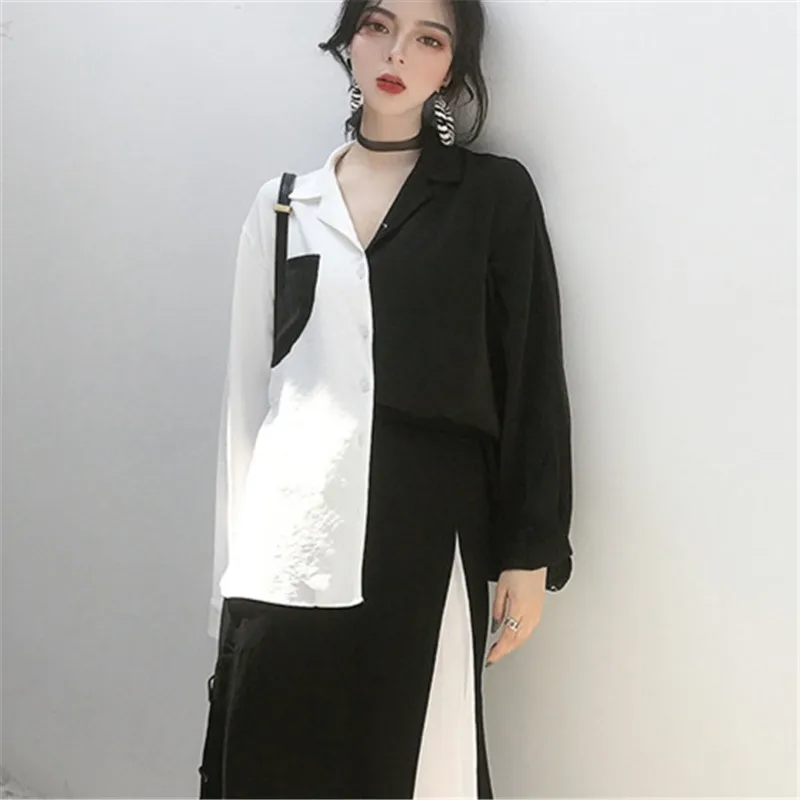 black shirt Neploe цветная Лоскутная Женская рубашка с карманами, отложной воротник, однобортный Топ для офисных леди, осенняя Новая модная блузка 68863 - Цвет: black shirt