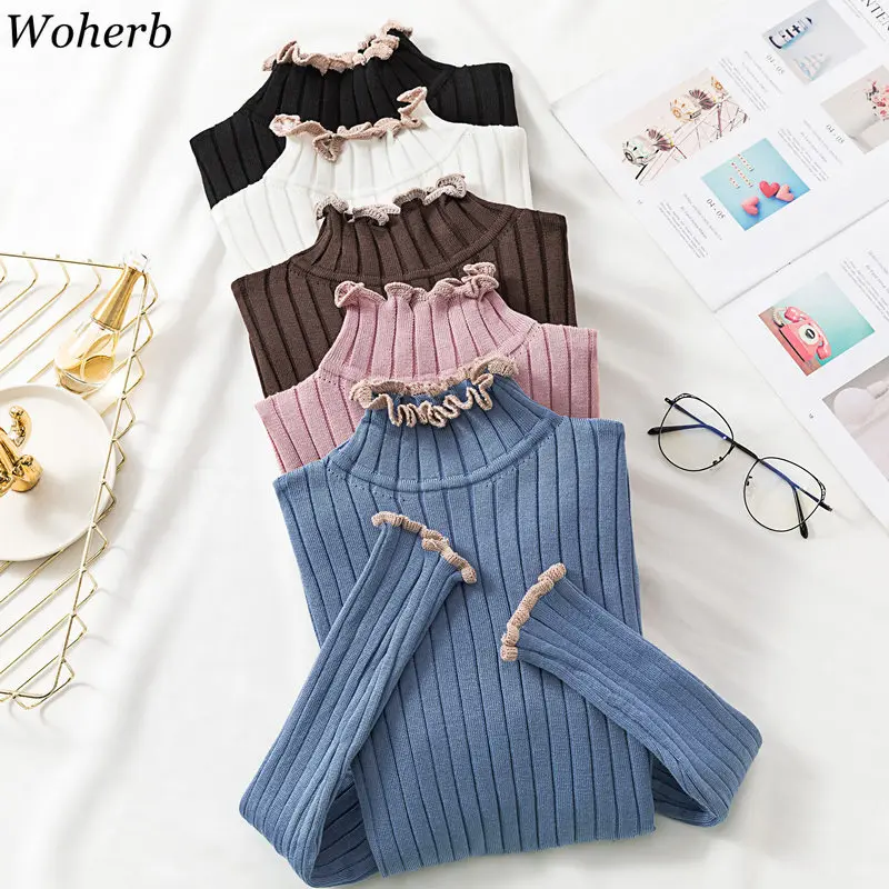 

Woherb Women Sweater and Pullover 2019 Autumn Solid Ruffle Turtleneck Knitted Sweaters Female Elastic Basic Jumper Pull Femme