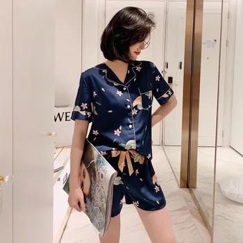 

Flower Print Women Pajamas Sets Satin 2PCS Sleepwear Short Sleeve 2 PCS Shirt&Shorts Female Loose Turn-Down Collar Sleep Set