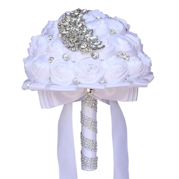 

White Satin Artificial Flower Bouquet Bridal Wedding Bouquet Bride Bridesmaid Holding Flowers