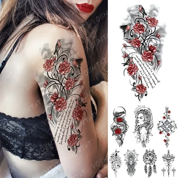 

Waterproof Temporary Tattoo Sticker Red Rose Bird Poem Flash Tattoos Dragon Snake Sword Body Art Arm Fake Tatoo Women Men