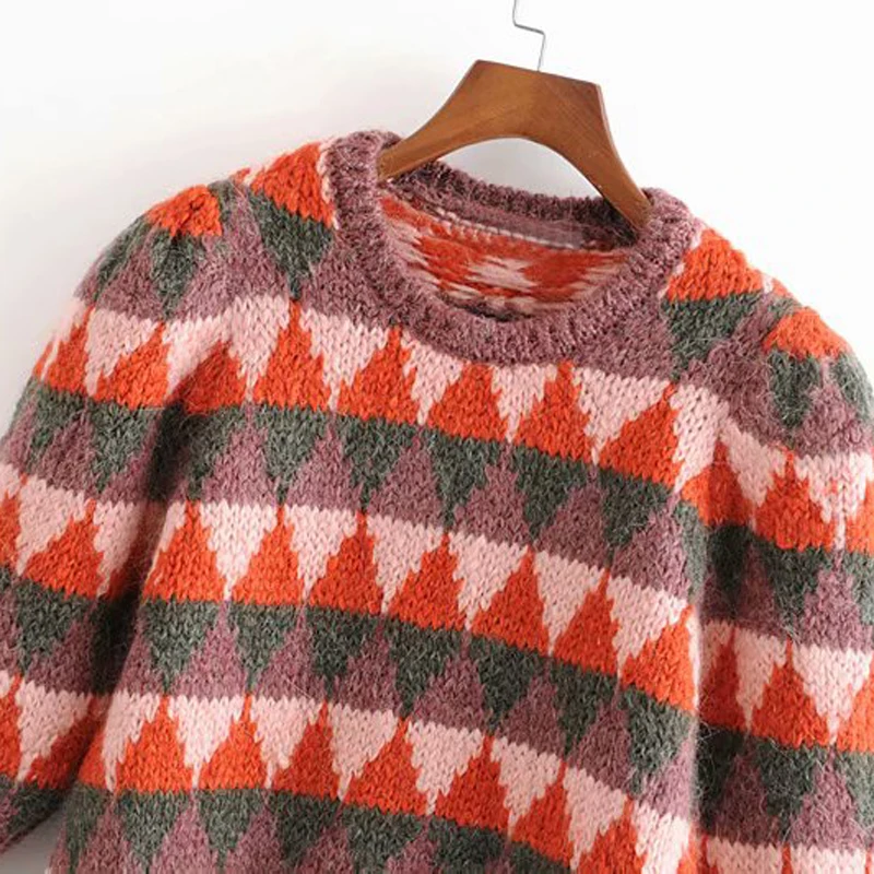 ZOEPO Argyle, свитера для женщин, модный свитер с круглым вырезом, женские элегантные свитера с рукавом три четверти и пышными рукавами, женские свитера JL