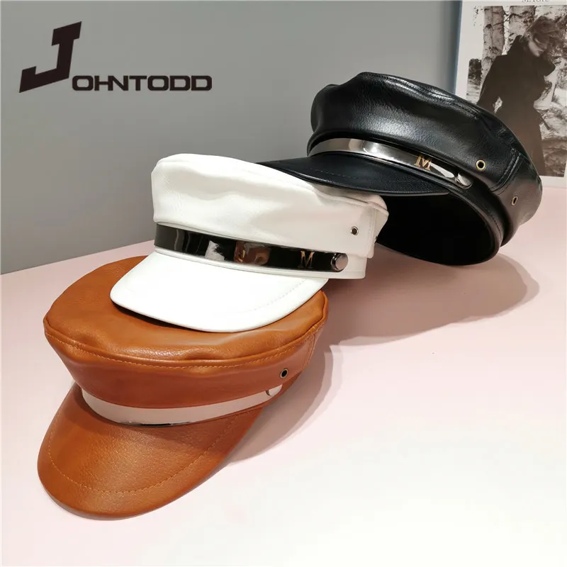 

Nightclub helmet black PU leather military cap performance night bar shade captain cap adult men and women sailor ww2 hat