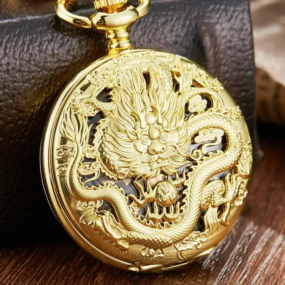 Китайский дракон черные механические карманные часы мужские бронзовые Скелет механический ФОБ цепь часы с ожерельем мужские часы Reljo
