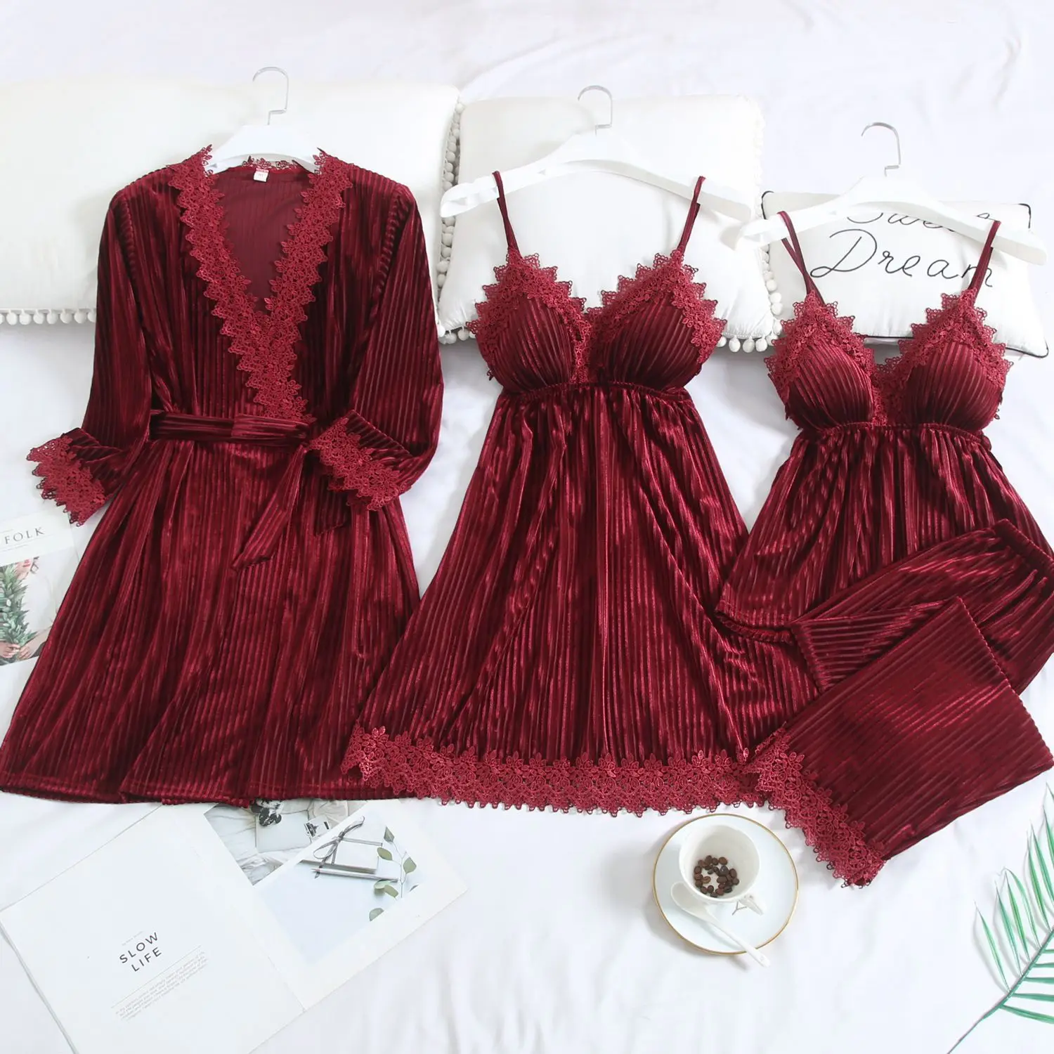 Velour Autumn Women Sleep Set Homewear Velvet Nightwear Red 4pcs Pajamas  Suit Kimono Robe Set Intimate Lingerie Bathrobe Gown|Pajama Sets| -  AliExpress