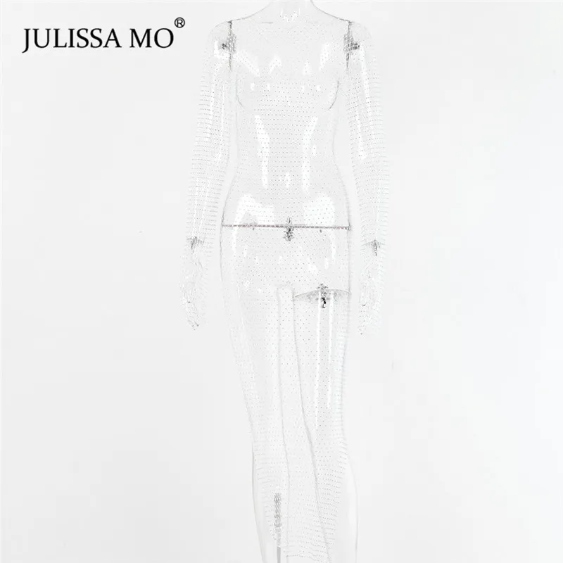 Белый Julissa mo бриллиантовое ажурное длинное летнее платье, сексуальное Сетчатое платье с разрезом, Женское кристально прозрачное пляжное платье, платья для вечеринок - Цвет: Белый
