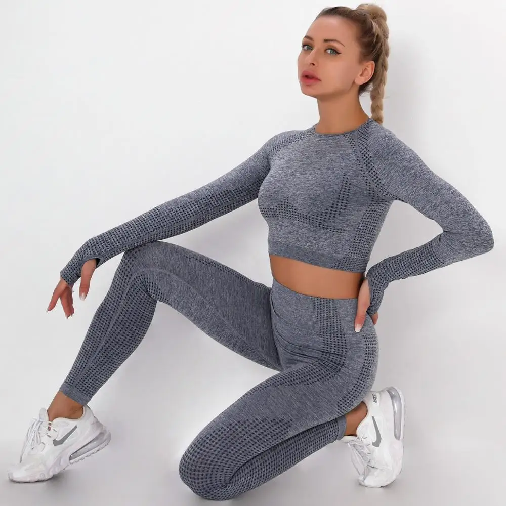 Women Sport Suit Yoga Set Gym Long Sleeve Sports Fitness Crop Tops Legging Pants