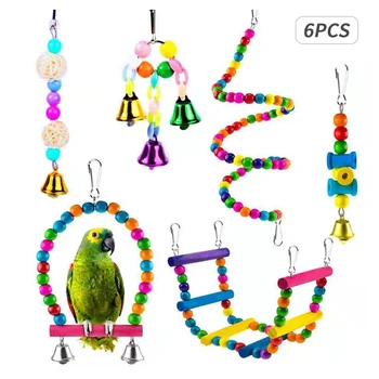 

6PCS Bird Swing Chewing Toys Parrots Chewing Hanging Perches with Hammock Bell Toys for Parrot Lorikeets Birds