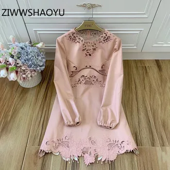 

ZIWWSHAOYU Autumn Winter PU Leather Hollow Out Mini Dress Women's Pink Round Neck Vintage Long Sleeve Dresses