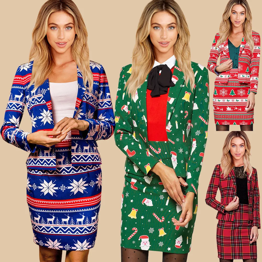 

Newest Ladies Autumn Printed Lapel Long Sleeve Single Button Suit Christmas Floral Print Tops + Skirt Suit Outfits for Women