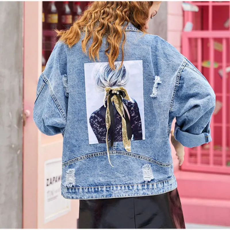 Женская джинсовая куртка с блестками в стиле Харадзюку размеры 3XL 4XL 5XL|Куртки| |