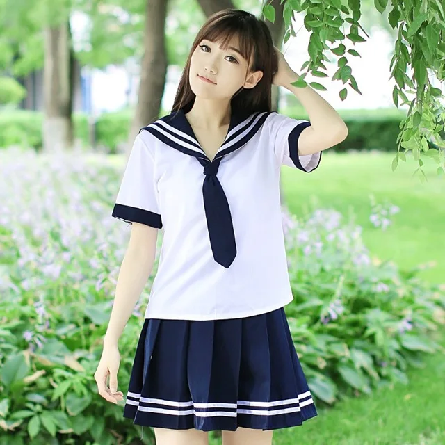 2 предмета, Высококачественная школьная форма для японской средней школы для девочек, японские корейские Топы+ юбка+ галстук, школьная одежда, униформа, черно-белый костюм Юнга, C30153AD - Цвет: Short sleeve sets