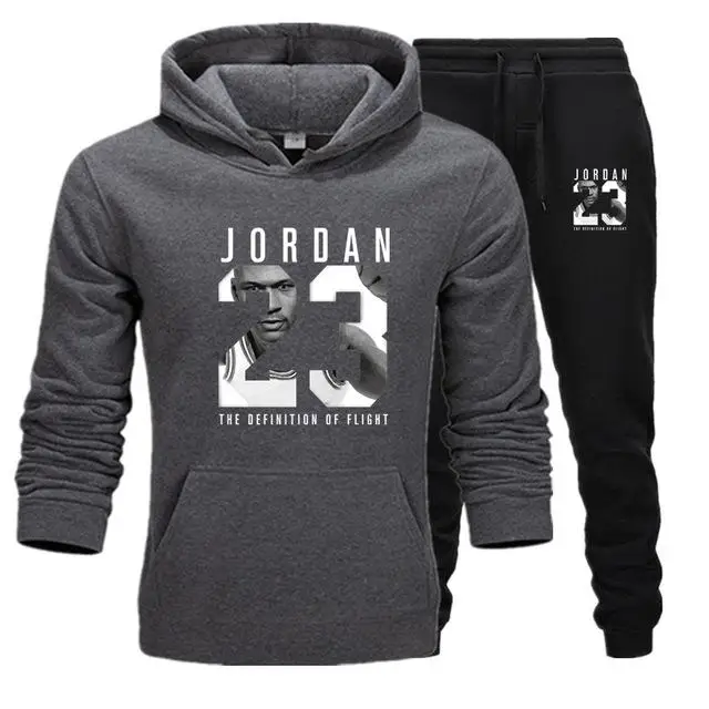 Новинка, модный брендовый спортивный костюм JORDAN 23, мужская спортивная одежда, комплект из двух предметов, хлопок, флис, Толстая Толстовка с капюшоном+ штаны, спортивный мужской костюм 3XL - Цвет: Dark gray black12223