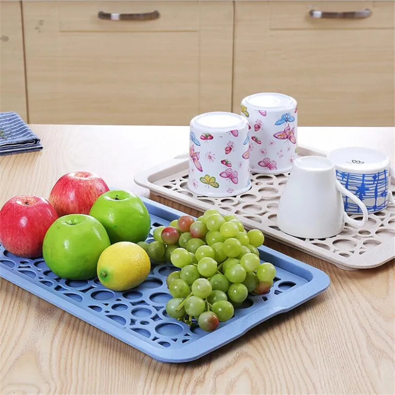 Double Layer Rectangular Plastic Draining Pate Tray Creative Fashion Multifunctional Fruit Plate Desk Kitchen Storage Rack