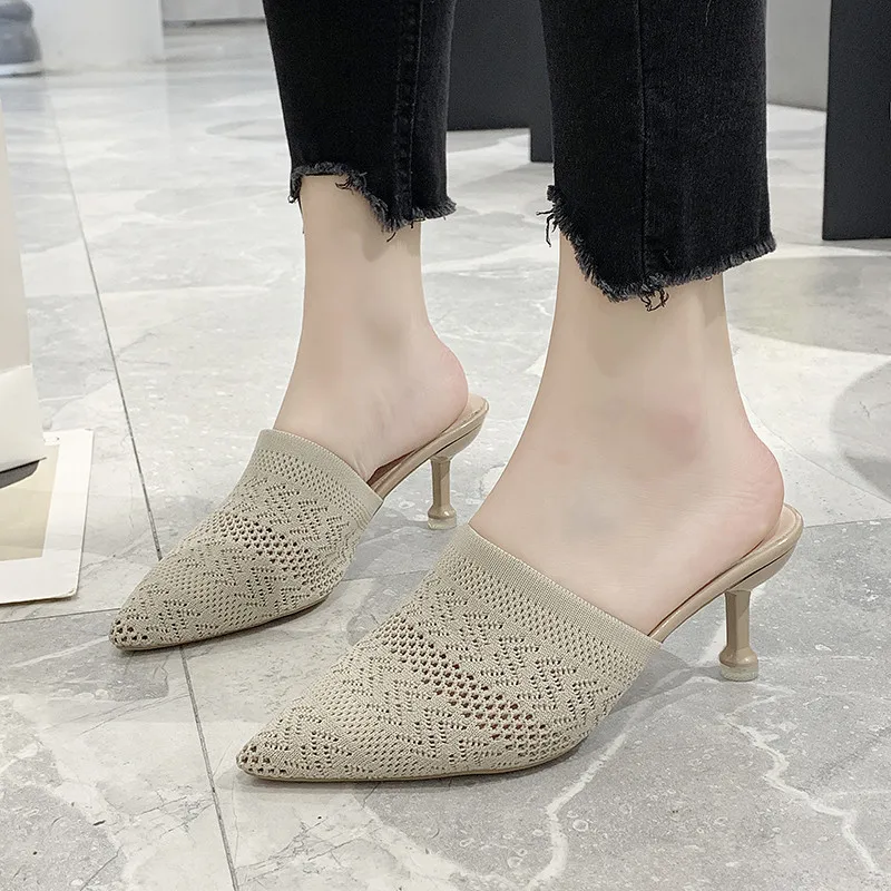 

2020 Pointed Toes Woven Knit Fashion Women Half Med Heels Stilettos Mules Loafer Casual Feminine Slippers Slides Sandalias Shoes