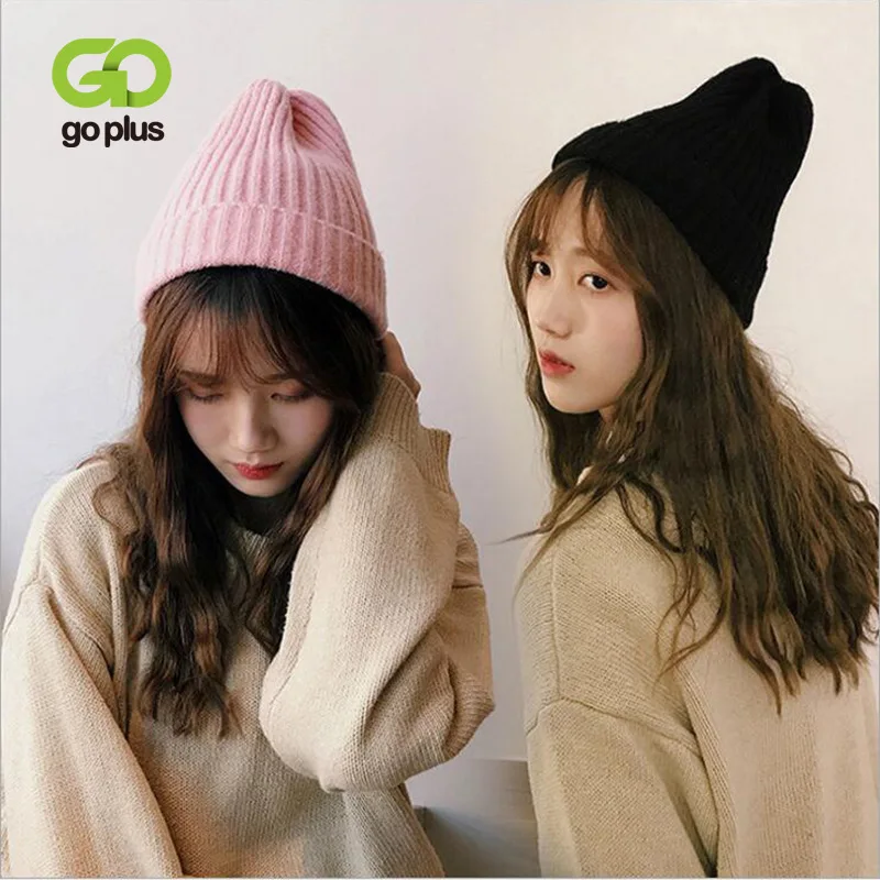 

GOPLUS Knitting Glossy Wool Hat Autumn Winter Women Korean Curled Concave Pointed Hat Simple Knitted Hat Winter Hats for Women