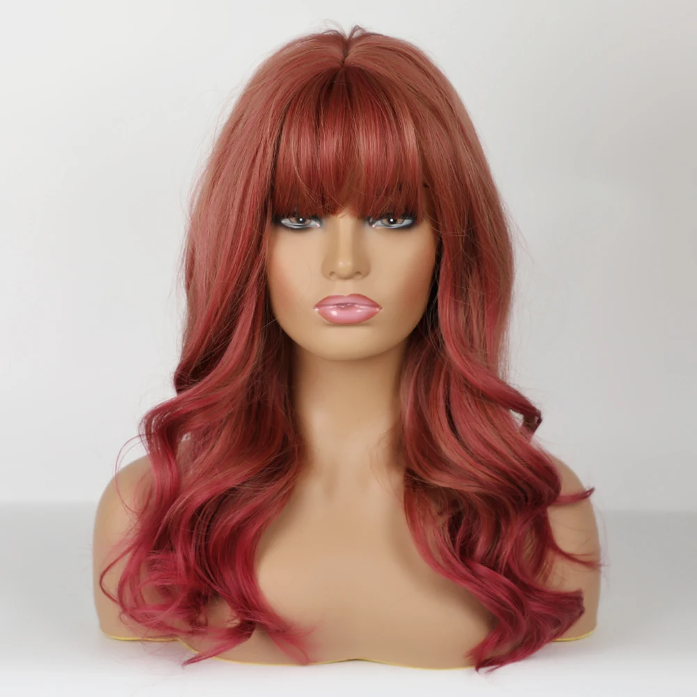 

JONRENAU Long Body Wave Hair Wigs With Neat Bangs Orange and Wine Red Ombre Color Synthetic Women Cosplay or Natural Wig