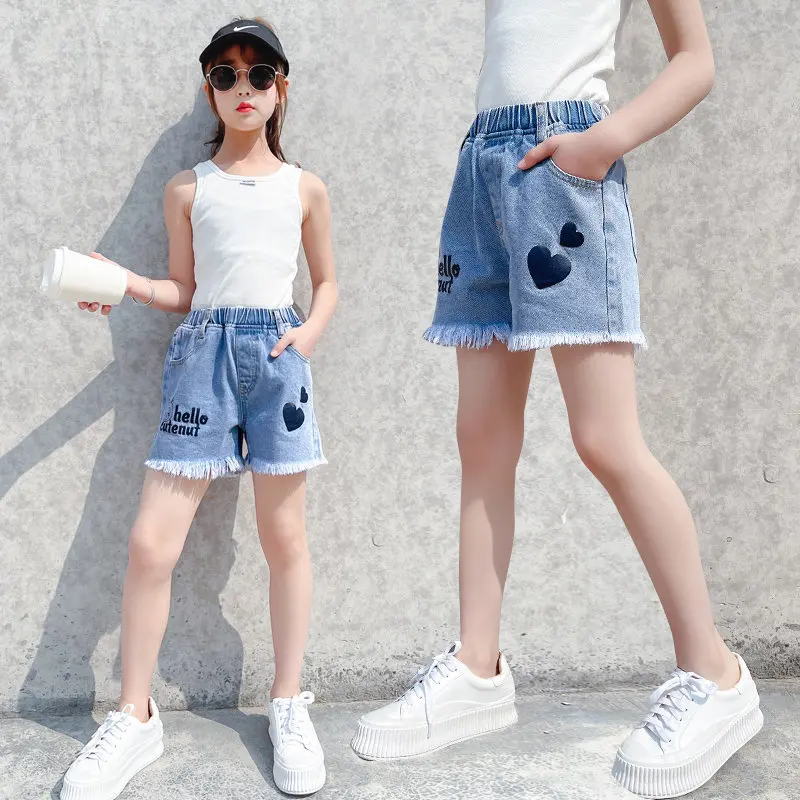 Pantalones cortos vaqueros con para niños y niñas, Shorts informales con estampado de corazón, ropa verano para adolescentes de 5 14 años -