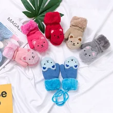 Новинка года; Детские Зимние Бархатные Утепленные перчатки для мальчиков и девочек; шерстяные вязаные теплые варежки с рисунком медведя из мультфильма в стиле пэчворк