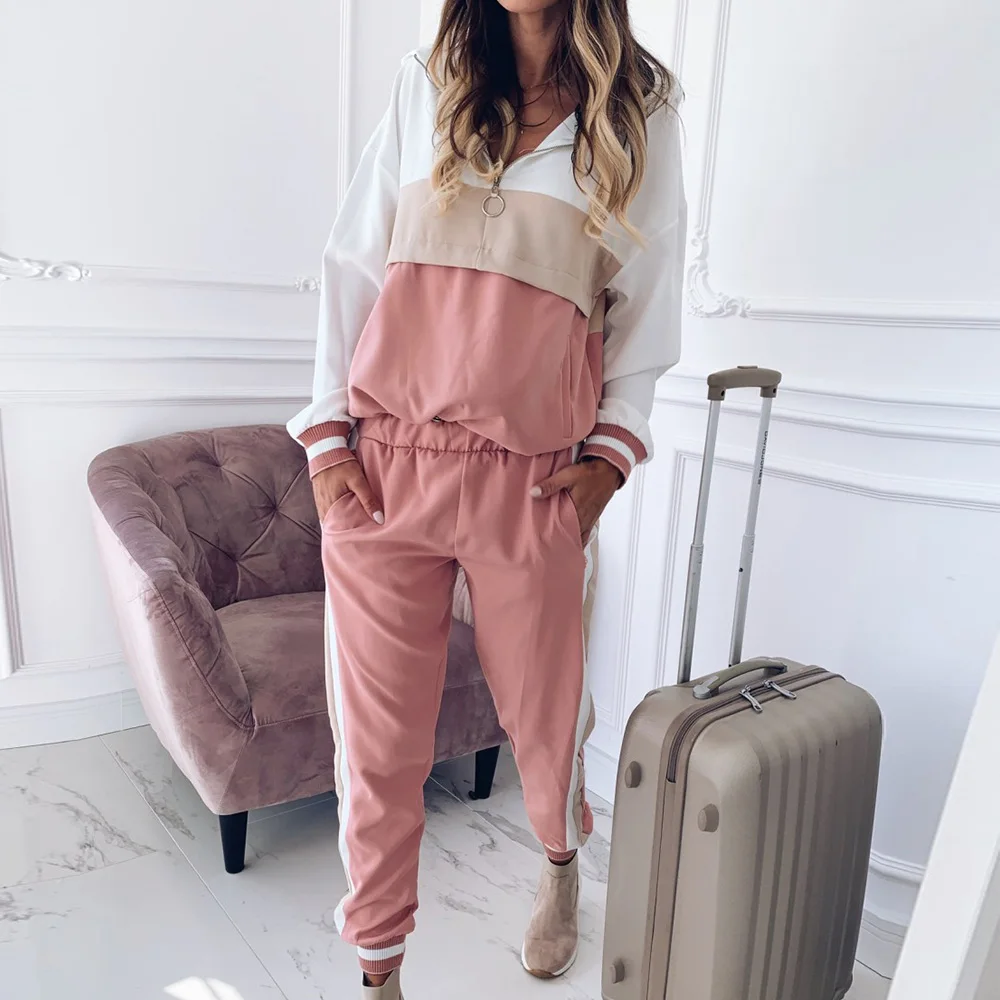 

Autumn Women Hooded Long Sleeve Top Elastic Loose Pants Jogging Patchwork Tracksuit 2pcs Set Leisure Outfits