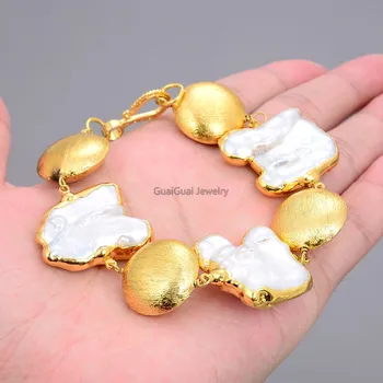 

GuaiGuai Jewelry Natural Pearl Freshwater Keshi Baroque Pearl 24 K Gold Color Plated Bracelet 8"