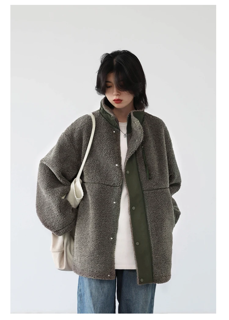 Windbreaker Coat  Women’s Sherpa Jacket Thicken Warm Casual Lamb Faux Fur womens Overcoat Loose Stand Turn-down collar Outerwear Female Lady Plus size Autumn Winter Coats for Woman in Light Grayish-Green grey