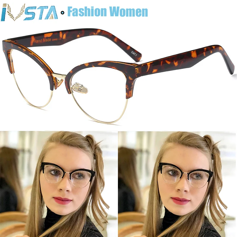

IVSTA Cat Eye Glasses Women Half Rim Lady Optical Frame TR90 Prescription for Sight Lady Fashion Vintage Glasses Computer 08764