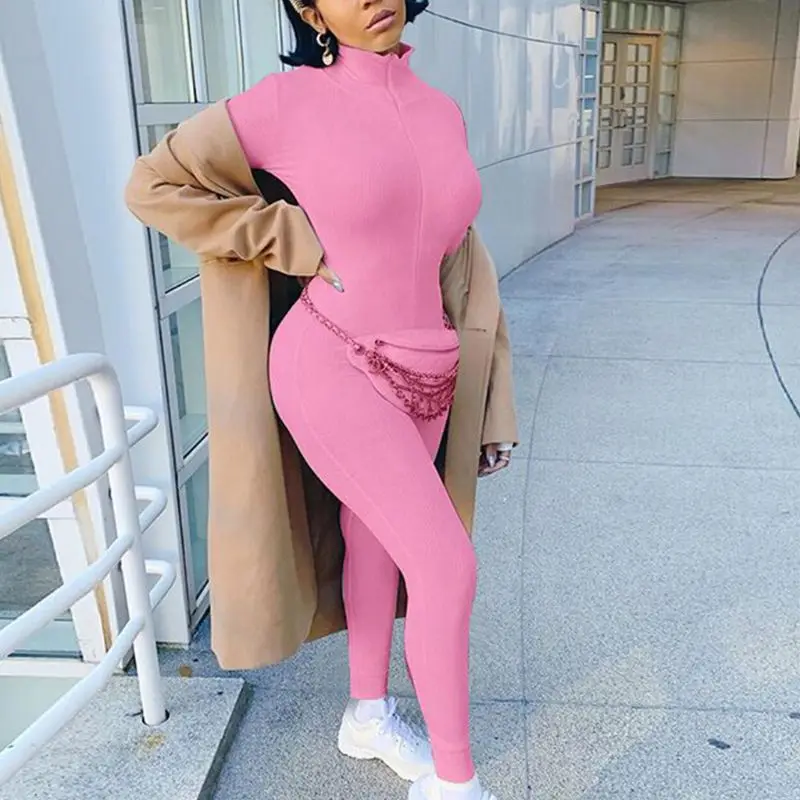 Women Long Sleeve High Neck Jumpsuit Ribbed Zipper Embroidery Bodycon Playsuit 