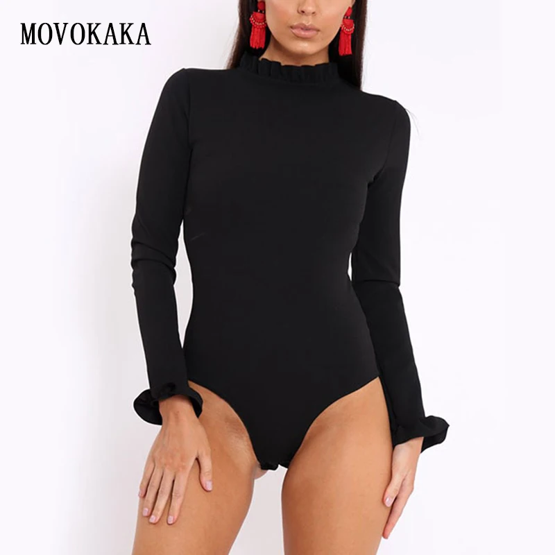 

Hot Fashion Autumn Winter Bodysuit Sexy Jumpsuit Women Long Sleeve Bodysuit Female Elegant Ruffle Bodysuit Women Black Playsuits