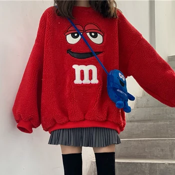 

Faux Lamb Wool Hoodies Sweatshirts Women O Neck Cartoon Letter Sweatshirts Long Sleeve Loose Pullocver Oversized Outwear W251