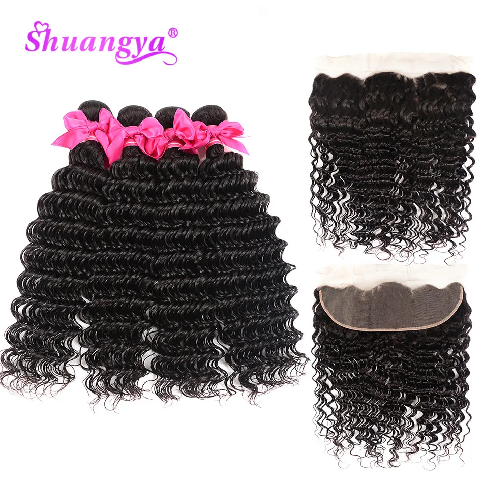 

Shuangya Hair Peruvian Deep Wave Bundles With Frontal 100% Human Hair 3/4 Bundles With Frontal Remy Hair Frontal With Bundles