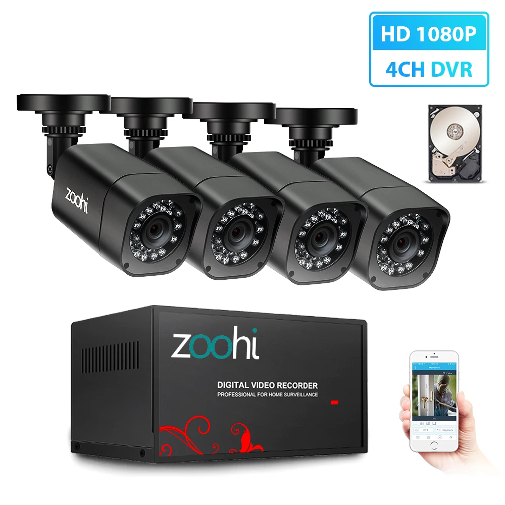 Zoohi AHD наружная система видеонаблюдения 1080P камера безопасности DVR комплект CCTV Водонепроницаемая домашняя система видеонаблюдения HDD P2P HDMI - Color: 1080P 4 Cameras 4CH