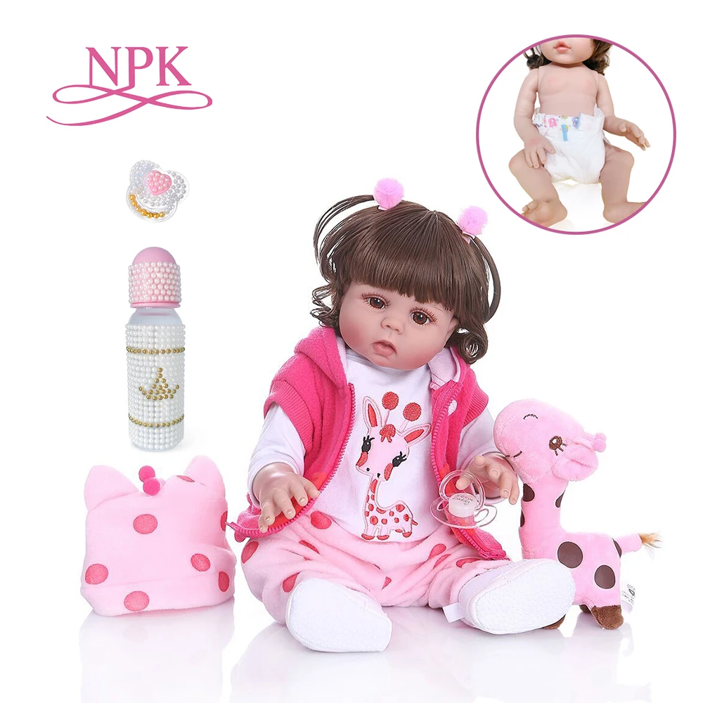 Curly hair 49CM bebe doll reborn toddler girl doll in pink dress full body soft silicone realistic baby Bath toy waterproof