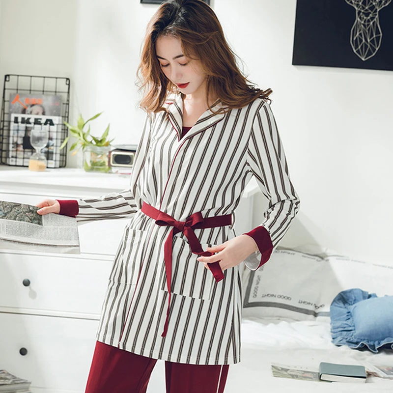 Stripes 3 Pieces Maternity Clothes Maternity Sleepwear Breastfeeding Lounge Nursing Pajamas Pregnant Women Pajamas Cotton