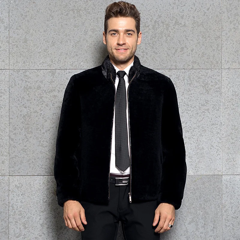 Stand Collar Пальто с натуральным мехом, мужская одежда, зимняя куртка из короткой овечьей шерсти, мужской норковый меховой воротник, шерсть, меховые пальто с капюшоном KJ3001 - Цвет: Stand Collar