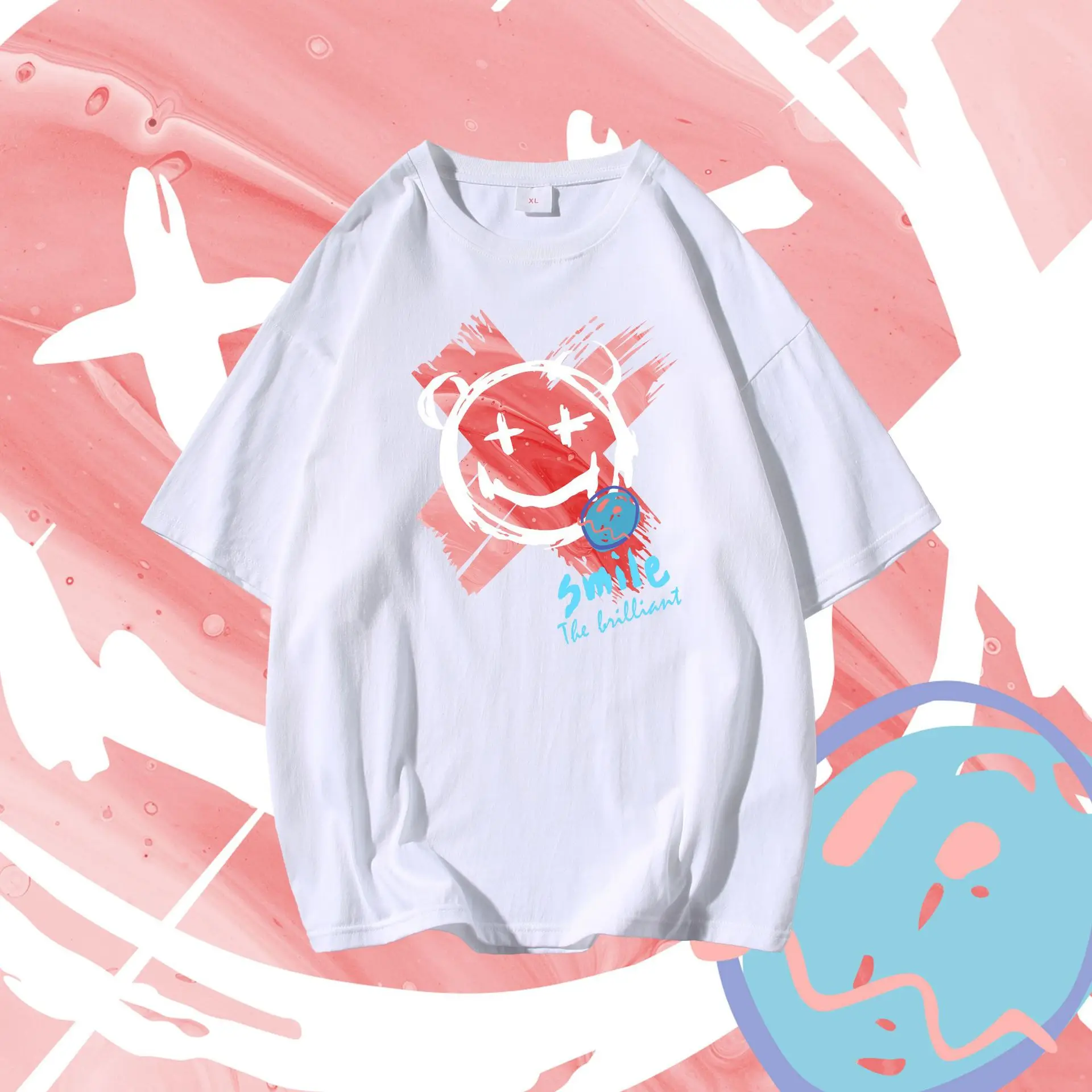 Lovers wear little devil smiley face printing tide brand T-shirt boys short-sleeved summer new trend white loose round neck | Мужская