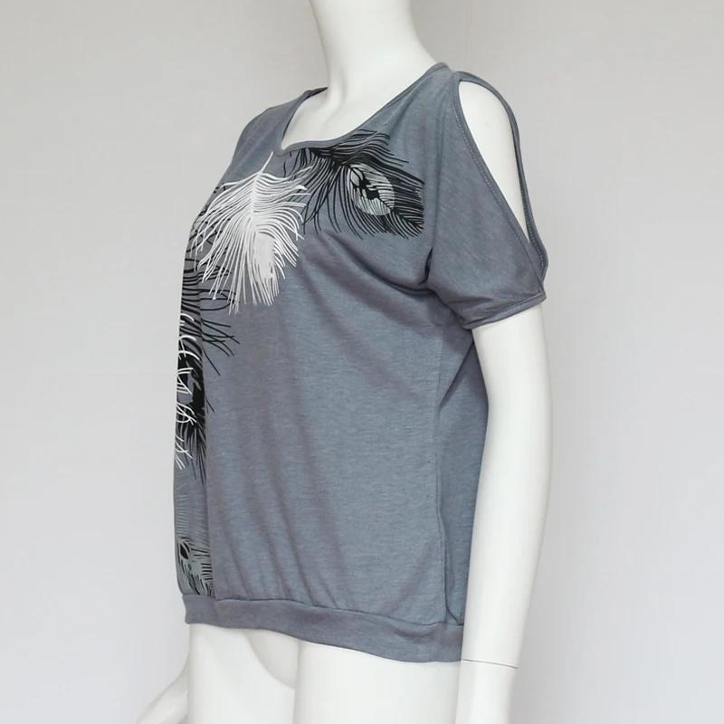 Женская летняя футболка, повседневные топы с коротким рукавом, футболки, сексуальные футболки с открытыми плечами и принтом перьев, свободные футболки с круглым вырезом, большие размеры 5XL