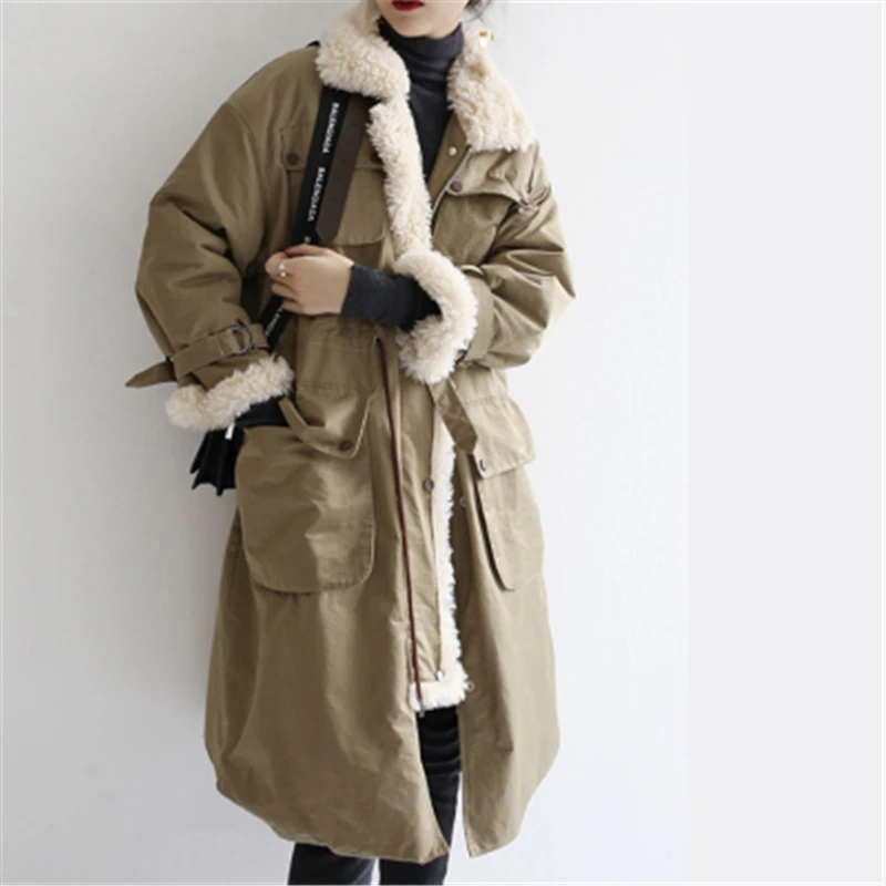 

Temperament Lamb Wool Coat Long Parkas Women Winter Jacket and Coats Trench Coat Style Lace-up Tunic Thick Jacket With Pockets