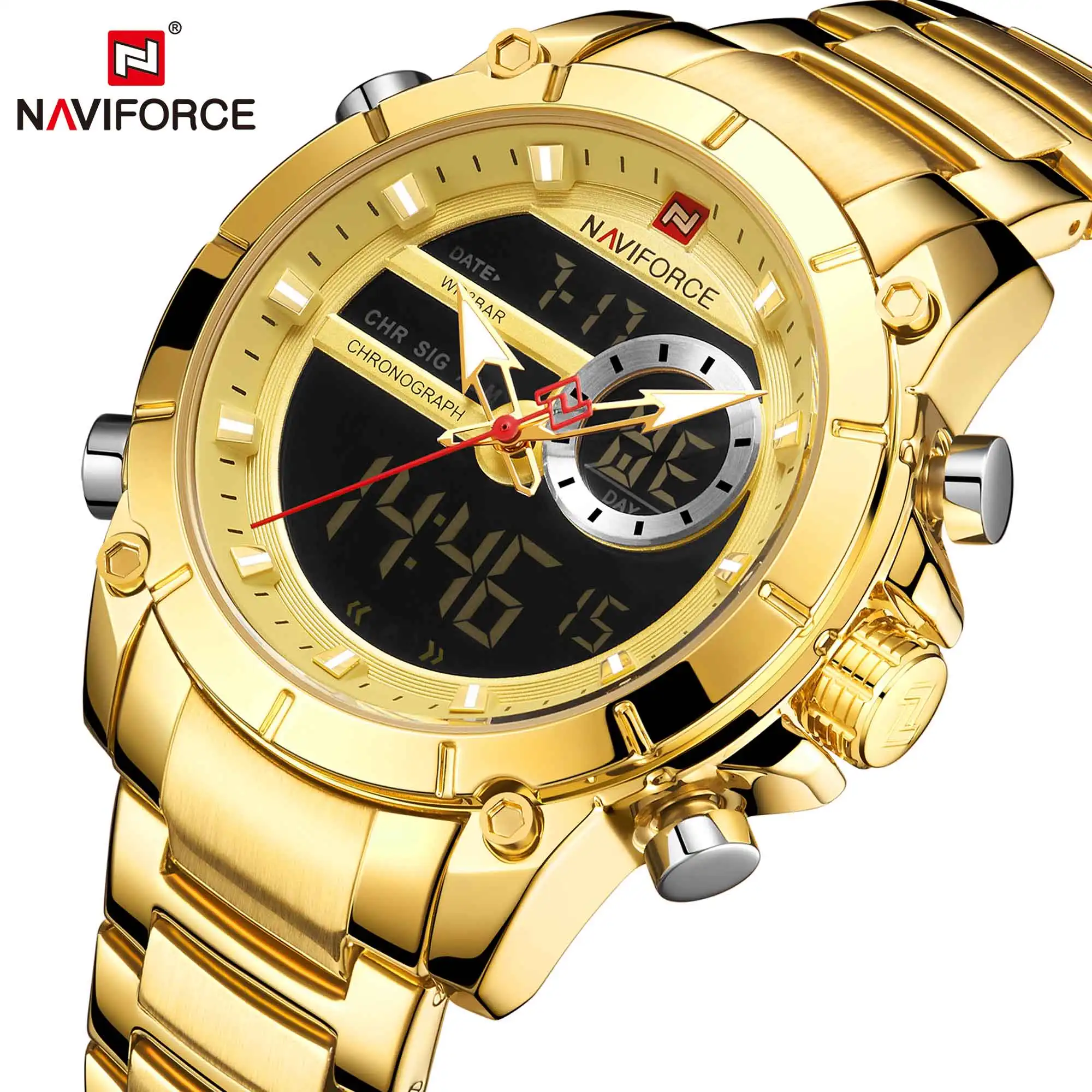 Naviforce Men Military Sport Wrist Watch Gold Quartz Steel Waterproof Dual Display Male Clock Watch-6