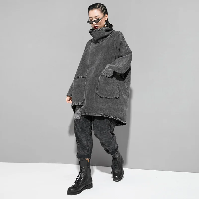  Loose Fit Oversized Hoodies Women Denim Coat Irregular Turtleneck Winter Sweatshirt Long Sleeve Pat