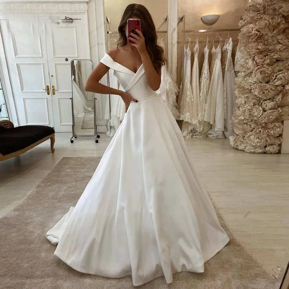 

Elegant Off-shoulder Satin Wedding Dresses Simple Sweep Train Robe de Mariage White/ivory Bridal Gown