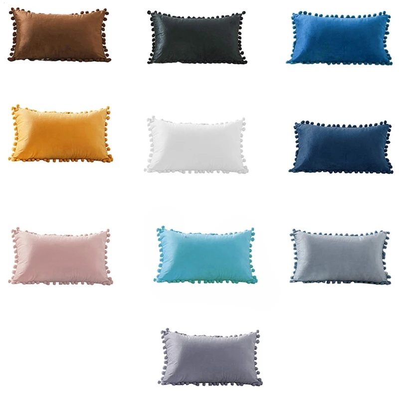 Nordic Style Velvet Lumbar Waist Throw Pillow Cover with Pom Simple Solid Color Decorative Rectangle Cushion Case | Дом и сад